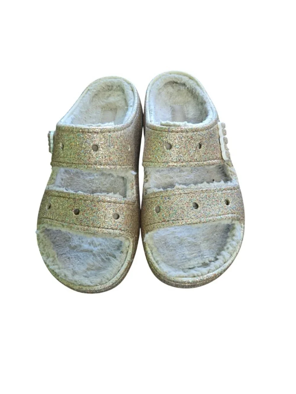 Crocs Classic Cozzy Glitter Sandals Gold Multi Faux Sherpa Lined Size M 7/W 9